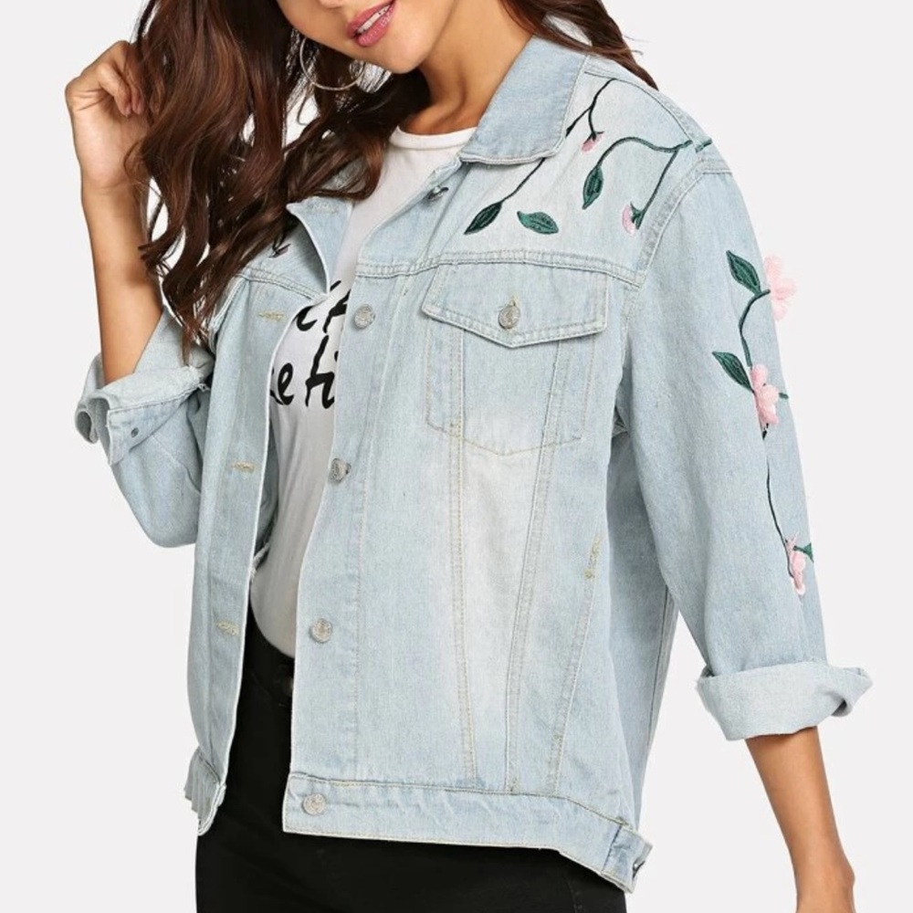🌸Flower Appliques Denim Jacket - Picture 4 of 13